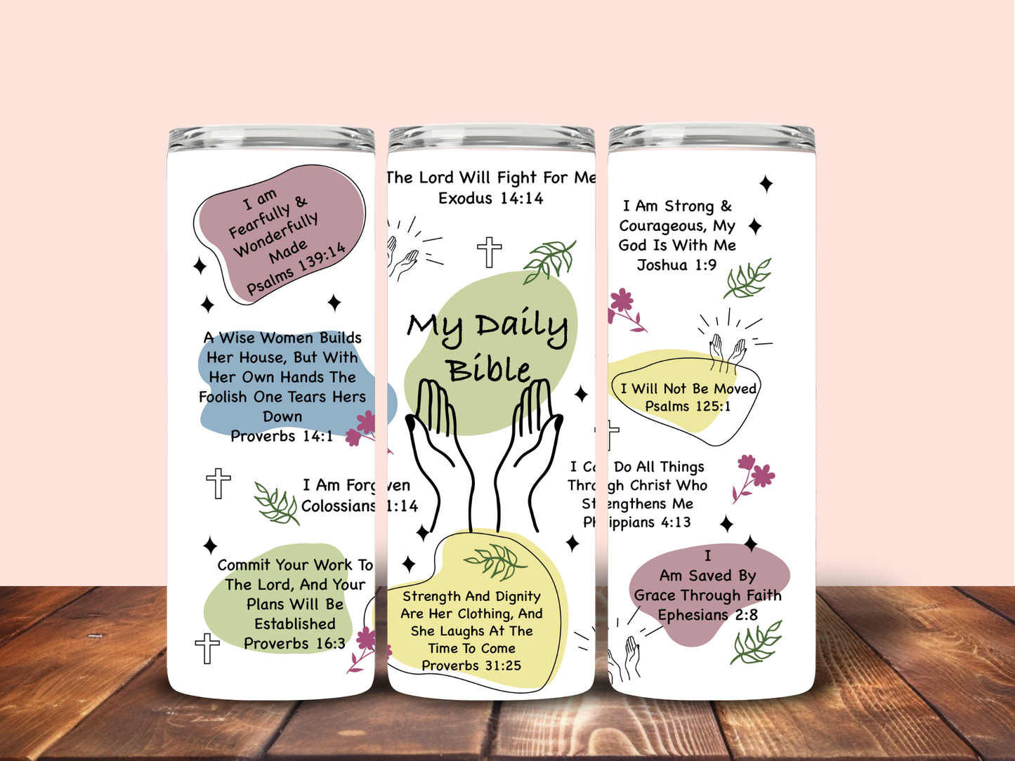 20oz stainless steel tumbler featuring daily Bible affirmations for women from Supplied By Kai, perfect for faith-based gifts or personal use