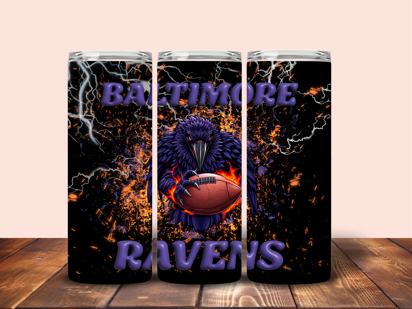 20oz stainless steel tumbler featuring a bold, 3D Baltimore Ravens design with a raven and football from Supplied By Kai, perfect for sports fan.