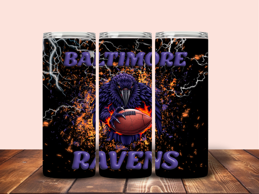 20oz stainless steel tumbler featuring a bold, 3D Baltimore Ravens design with a raven and football from Supplied By Kai, perfect for sports fan.