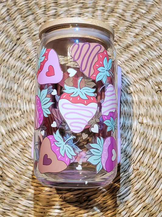 Chocolate-Covered Strawberry 16oz Glass Cup | UV DTF Double Sided Design