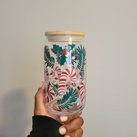 Candy Cane Mistletoe 16oz Glass Cup