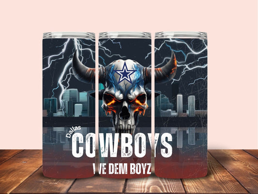 20oz stainless steel tumbler with a bold Cowboys-inspired 3D bull skull, lightning background, and 'We Dem Boyz' text from SuppliedByKai